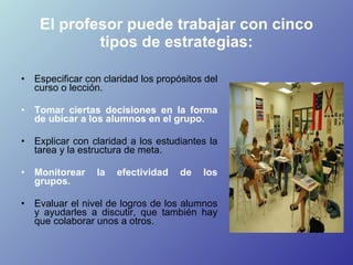 El profesor puede trabajar con cinco tipos de estrategias: <ul><li>Especificar con claridad los propósitos del curso o lec...