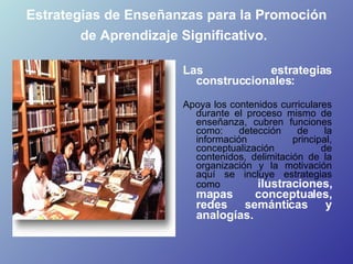 Estrategias de Enseñanzas para la Promoción de Aprendizaje Significativo.   <ul><li>Las estrategias construccionales:   </...