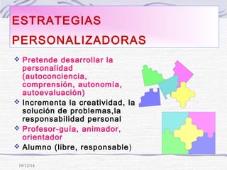 19/12/14
ESTRATEGIAS
PERSONALIZADORAS
 Pretende desarrollar la
personalidad
(autoconciencia,
comprensión, autonomía,
autoevaluación)
 Incrementa la creatividad, la
solución de problemas,la
responsabilidad personal
 Profesor-guía, animador,
orientador
 Alumno (libre, responsable)
 