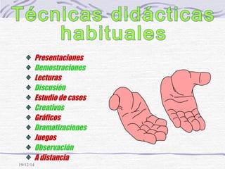 19/12/14
Presentaciones
Demostraciones
Lecturas
Discusión
Estudio de casos
Creativos
Gráficos
Dramatizaciones
Juegos
Observación
A distancia
 