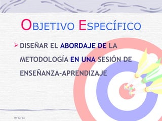 19/12/14
OBJETIVO ESPECÍFICO
DISEÑAR EL ABORDAJE DE LA
METODOLOGÍA EN UNA SESIÓN DE
ENSEÑANZA-APRENDIZAJE
 