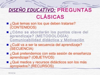 19/12/14
DISEÑO EDUCATIVO: PREGUNTAS
CLÁSICAS
¿Qué temas son los que deben tratarse?
(CONTENIDOS)
¿Cómo se abordarán los puntos clave del
aprendizaje? (METODOLOGÍA)
Comunicabilidad didáctica y Motivación
¿Cuál va a ser la secuencia del aprendizaje?
(SECUENCIA)
¿Qué pretendemos con esta sesión de enseñanza
aprendizaje? (OBJETIVOS)
¿Qué medios y recursos didácticos son los más
apropiados? (RECURSOS)
 