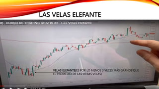 LAS VELAS ELEFANTE
VELAS ELEFANTE(ES POR LO MENOS 3 VECES MÁS GRANDE QUE
EL PROMEDIO DE LAS OTRAS VELAS)
 