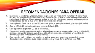 RECOMENDACIONES PARA OPERAR
1. Identificar la tendencia y las señales de ingreso en las velas de 15 minutos y 1 hora. Y ese
día, en una temporalidad menor de 2 o 5 minutos solo operar a favor de la tendencia.(Por
ejemplo de la vela de 1 hora va para arriba, la vela de 15 minutos va para arriba operar en
temporalidad de 2 o 5 m, a favor de la tendencia para arriba.
2. Solo operar a favor de la MV de 20 periodos.(para el ejemplo anterior que vaya por arriba)
3. Que la MV de 20 periodos este por encima de la de 200.
4. Solo operar en el primer 1/3 de la tendencia.
5. En una tendencia, en este caso alcista, el precio en su retroceso no debe cruzar la MV de 20
periodos para estar seguro que de que ese retroceso no es en realidad un cambio de
tendencia(puede retroceder un 30% o 50%).
6. Despues del todo 180 en una tendencia alciste, para mas seguridad se puede ingresar
después de que el precio suba haga un retroceso y vulva dar la señal de toro 180.
 