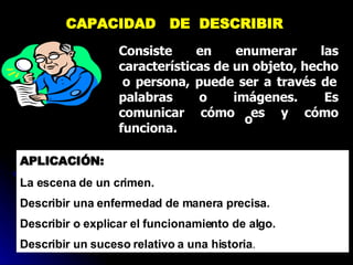 CAPACIDAD  DE  DESCRIBIR  Consiste en enumerar las características de un objeto, hecho  o persona, puede ser a través de palabras o imágenes. Es comunicar cómo es y cómo funciona. o APLICACIÓN:  La escena de un crimen. Describir una enfermedad de manera precisa. Describir o explicar el funcionamiento de algo. Describir un suceso relativo a una historia . 