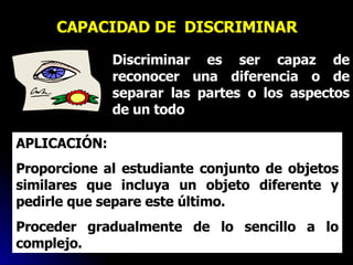 CAPACIDAD DE  DISCRIMINAR Discriminar es ser capaz de reconocer una diferencia o de separar las partes o los aspectos de un todo APLICACIÓN: Proporcione al estudiante conjunto de objetos similares que incluya un objeto diferente y pedirle que separe este último. Proceder gradualmente de lo sencillo a lo complejo. 