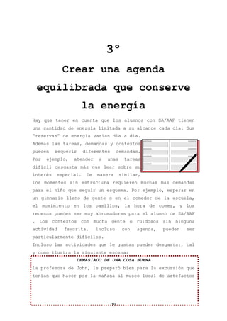 3º
            Crear una agenda
 equilibrada que conserve
                      la energía
Hay que tener en cuenta que los alumnos con SA/AAF tienen
una cantidad de energía limitada a su alcance cada día. Sus
“reservas” de energía varían día a día.
Además las tareas, demandas y contextos
pueden    requerir    diferentes        demandas.
Por   ejemplo,   atender     a   unas     tareas
difícil desgasta más que leer sobre su
interés   especial.    De   manera       similar,
los momentos sin estructura requieren muchas más demandas
para el niño que seguir un esquema. Por ejemplo, esperar en
un gimnasio lleno de gente o en el comedor de la escuela,
el movimiento en los pasillos, la hora de comer, y los
recesos pueden ser muy abrumadores para el alumno de SA/AAF
. Los contextos con mucha gente o ruidosos sin ninguna
actividad    favorita,      incluso       con   agenda,   pueden   ser
particularmente difíciles.
Incluso las actividades que le gustan pueden desgastar, tal
y como ilustra la siguiente escena:
                 DEMASIADO DE UNA COSA BUENA
La profesora de John, le preparó bien para la excursión que
tenían que hacer por la mañana al museo local de artefactos




                                   19
 
