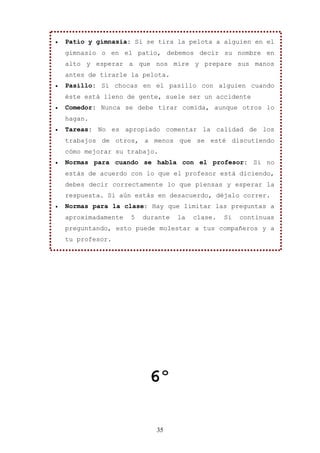 •   Patio y gimnasia: Si se tira la pelota a alguien en el
    gimnasio o en el patio, debemos decir su nombre en
    alto y esperar a que nos mire y prepare sus manos
    antes de tirarle la pelota.
•   Pasillo: Si chocas en el pasillo con alguien cuando
    éste está lleno de gente, suele ser un accidente
•   Comedor: Nunca se debe tirar comida, aunque otros lo
    hagan.
•   Tareas: No es apropiado comentar la calidad de los
    trabajos de otros, a menos que se esté discutiendo
    cómo mejorar su trabajo.
•   Normas para cuando se habla con el profesor: Si no
    estás de acuerdo con lo que el profesor está diciendo,
    debes decir correctamente lo que piensas y esperar la
    respuesta. Si aún estás en desacuerdo, déjalo correr.
•   Normas para la clase: Hay que limitar las preguntas a
    aproximadamente   5   durante   la   clase.   Si   continuas
    preguntando, esto puede molestar a tus compañeros y a
    tu profesor.




                           6º

                             35
 