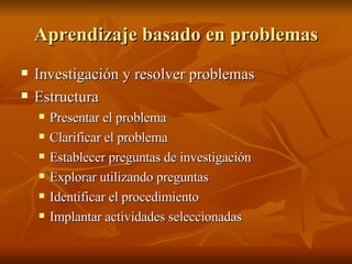 Aprendizaje basado en problemas Investigaci ón y resolver problemas Estructura Presentar el problema Clarificar el problema Establecer preguntas de investigación Explorar utilizando preguntas Identificar el procedimiento Implantar actividades seleccionadas 