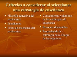 Criterios a considerar al seleccionar una estrategia de ense ñanza Filosof ía educativa del profesor(a) Estudiantes Estilo de enseñanza del profesor(a) Conocimiento y dominio de las estrategias de ense ñanza Recursos disponibles Propiedad de la estrategia para el logro de los objetivos 