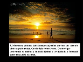 3. Mantenha contato com a natureza; tenha em casa um vaso de plantas pelo menos. Cuide dele com carinho. O amor que dedicamos às plantas e animais acalma o ser humano e funciona como relaxante natural. 