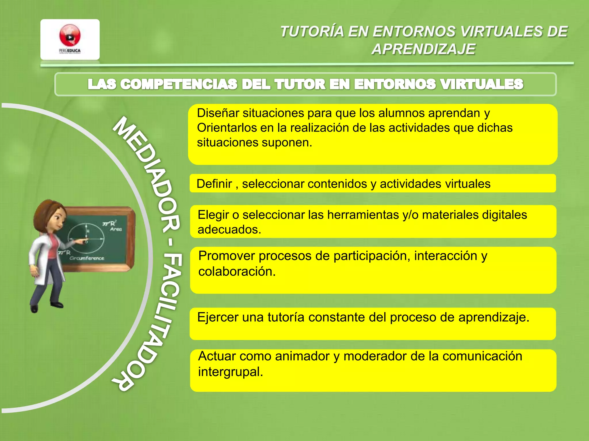 Diseñar situaciones para que los alumnos aprendan y
Orientarlos en la realización de las actividades que dichas
situaciones suponen.
Definir , seleccionar contenidos y actividades virtuales
Elegir o seleccionar las herramientas y/o materiales digitales
adecuados.
Promover procesos de participación, interacción y
colaboración.
Ejercer una tutoría constante del proceso de aprendizaje.
Actuar como animador y moderador de la comunicación
intergrupal.
TUTORÍA EN ENTORNOS VIRTUALES DE
APRENDIZAJE
 