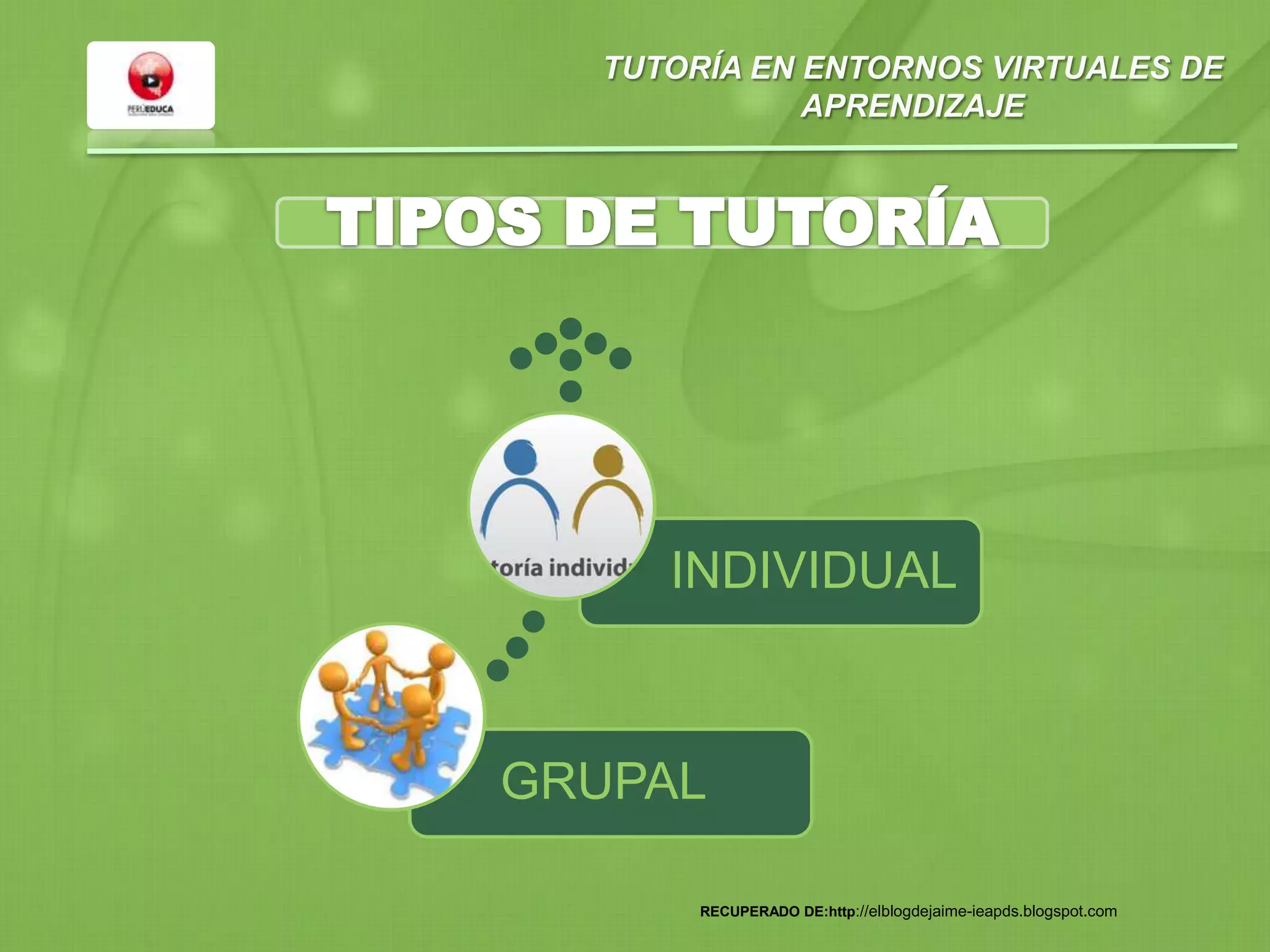 TUTORÍA EN ENTORNOS VIRTUALES DE
APRENDIZAJE
GRUPAL
INDIVIDUAL
RECUPERADO DE:http://elblogdejaime-ieapds.blogspot.com
 