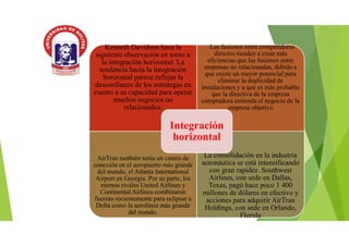 Kenneth Davidson hace la
siguiente observación en torno a
la integración horizontal: La
tendencia hacia la integración
horizontal parece reflejar la
desconfianza de los estrategas en
cuanto a su capacidad para operar
muchos negocios no
relacionados.
. Las fusiones entre competidores
directos tienden a crear más
eficiencias que las fusiones entre
empresas no relacionadas, debido a
que existe un mayor potencial para
eliminar la duplicidad de
instalaciones y a que es más probable
que la directiva de la empresa
compradora entienda el negocio de la
empresa objetivo
AirTran también tenía un centro de
conexión en el aeropuerto más grande
del mundo, el Atlanta International
Airport en Georgia. Por su parte, los
eternos rivales United Airlines y
Continental Airlines combinaron
fuerzas recientemente para eclipsar a
Delta como la aerolínea más grande
del mundo.
La consolidación en la industria
aeronáutica se está intensificando
con gran rapidez. Southwest
Airlines, con sede en Dallas,
Texas, pagó hace poco 1 400
millones de dólares en efectivo y
acciones para adquirir AirTran
Holdings, con sede en Orlando,
Florida
Integración
horizontal
 
