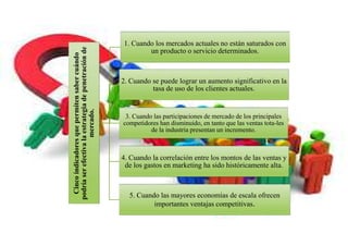 Cincoindicadoresquepermitensabercuándo
podríaserefectivalaestrategiadepenetraciónde
mercado.
1. Cuando los mercados actuales no están saturados con
un producto o servicio determinados.
2. Cuando se puede lograr un aumento significativo en la
tasa de uso de los clientes actuales.
3. Cuando las participaciones de mercado de los principales
competidores han disminuido, en tanto que las ventas tota-les
de la industria presentan un incremento.
4. Cuando la correlación entre los montos de las ventas y
de los gastos en marketing ha sido históricamente alta.
5. Cuando las mayores economías de escala ofrecen
importantes ventajas competitivas.
 