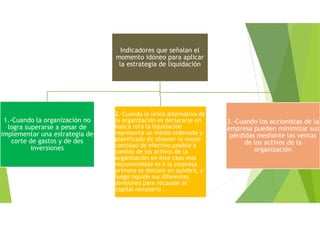 Indicadores que señalan el
momento idóneo para aplicar
la estrategia de liquidación
1.-Cuando la organización no
logra superarse a pesar de
implementar una estrategia de
corte de gastos y de des
inversiones
2.-Cuando la única alternativa de
la organización es declararse en
banca rota la liquidación
representa un medio ordenado y
planificado de obtener la mayor
cantidad de efectivo posible a
cambio de los activos de la
organización en este caso mas
recomendable es k la empresa
primero se declare en quiebra, y
luego liquide sus diferentes
divisiones para recaudar el
capital necesario .
3.-Cuando los accionistas de la
empresa pueden minimizar sus
pérdidas mediante las ventas
de los activos de la
organización
 