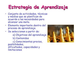 Estrategia de Aprendizaje Conjunto de actividades, técnicas  y medios que se planifican de acuerdo a las necesidades para alcanzar una meta. Elemento importante dentro del proceso de aprendizaje. Se seleccionan a partir de:  a) Objetivos del aprendizaje b) Contenidos c) Conocimientos previos, posibilidades,    dificultades, capacidades y limitaciones 