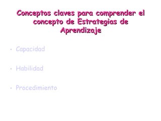 Conceptos claves para comprender el concepto de Estrategias de Aprendizaje Capacidad Habilidad Procedimiento 