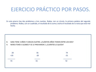 EJERCICIO PRÁCTICO POR PASOS.
En esta pizarra hay dos problemas y tres cuentas. Rodea, con un círculo, la primera palabra del segundo
     problema. Rodea, con un cuadrado, el resultado de la suma y tacha el resultado de la resta que está mal
     hecha.




8.   SARA TIENE 3 AÑOS Y CARLOS CUATRO. ¿CUÁNTOS AÑOS TIENEN ENTRE LOS DOS?
9.   NEREA TENÍA 5 GLOBOS Y SE LE PINCHARON 3. ¿CUÁNTOS LE QUEDA?



     20                                81                                   74
    +35                               -20                                  -21
 ________                           ______                               _________
    55                               61                                    52
 