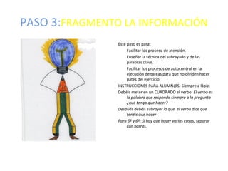 PASO 3:FRAGMENTO LA INFORMACIÓN
                Este paso es para:
                     Facilitar los proceso de atención.
                     Enseñar la técnica del subrayado y de las
                     palabras clave.
                     Facilitar los procesos de autocontrol en la
                     ejecución de tareas para que no olviden hacer
                     pates del ejercicio.
                INSTRUCCIONES PARA ALUMN@S: Siempre a lápiz:
                Debéis meter en un CUADRADO el verbo. El verbo es
                     la palabra que responde siempre a la pregunta
                     ¿qué tengo que hacer?
                Después debéis subrayar lo que el verbo dice que
                     tenéis que hacer
                Para 5º y 6º: Si hay que hacer varias cosas, separar
                     con barras.
 