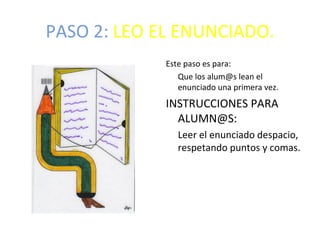 PASO 2: LEO EL ENUNCIADO.
             Este paso es para:
                Que los alum@s lean el
                enunciado una primera vez.
             INSTRUCCIONES PARA
               ALUMN@S:
                Leer el enunciado despacio,
                respetando puntos y comas.
 