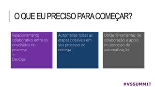 OQUEEUPRECISOPARACOMEÇAR?
#VSSUMMIT
Relacionamento
colaborativo entre os
envolvidos no
processo
=
DevOps
Automatize todas as
etapas possíveis em
seu processo de
entrega
Utilize ferramentas de
colaboração e apoio
no processo de
automatização
 