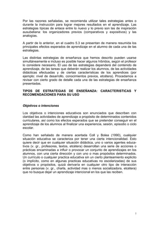 Por las razones señaladas, se recomienda utilizar tales estrategias antes o
durante la instrucción para lograr mejores resultados en el aprendizaje. Las
estrategias típicas de enlace entre lo nuevo y lo previo son las de inspiración
ausubeliana: los organizadores previos (comparativos y expositivos) y las
analogías.

A partir de lo anterior, en el cuadro 5.3 se presentan de manera resumida los
principales efectos esperados de aprendizaje en el alumno de cada una de las
estrategias.

Las distintas estrategias de enseñanza que hemos descrito pueden usarse
simultáneamente e incluso es posible hacer algunos híbridos, según el profesor
lo considere necesario. El uso de las estrategias dependerá del contenido de
aprendizaje, de las tareas que deberán realizar los alumnos, de las actividades
didácticas efectuadas y de ciertas características de los aprendices (por
ejemplo: nivel de desarrollo, conocimientos previos, etcétera). Procedamos a
revisar con cierto grado de detalle cada una de las estrategias de enseñanza
presentadas.

TIPOS DE ESTRATEGIAS DE ENSEÑANZA: CARACTERISTICAS Y
RECOMENDACIONES PARA SU USO


Objetivos o intenciones

Los objetivos o intenciones educativos son enunciados que describen con
claridad las actividades de aprendizaje a propósito de determinados contenidos
curriculares, así como los efectos esperados que se pretender conseguir en el
aprendizaje de los alumnos al finalizar una experiencia, sesión, episodio o ciclo
escolar.

Como han señalado de manera acertada Coll y Bolea (1990), cualquier
situación educativa se caracteriza por tener una cierta intencionalidad. Esto
quiere decir que en cualquier situación didáctica, uno o varios agentes educa-
tivos (v. gr., profesores, textos, etcétera) desarrollan una serie de acciones o
prácticas encaminadas a influir o provocar un conjunto de aprendizajes en los
alumnos, con una cierta dirección y con uno o mas propósitos determinados.
Un currículo o cualquier practica educativa sin un cierto planteamiento explicito
(o implícito, como en algunas practicas educativas no escolarizadas) de sus
objetivos o propósitos, quizá derivaría en cualquier otro tipo de interacción
entre personas (v. gr., charla, actividad mas o menos socializadora, etcétera)
que no busque dejar un aprendizaje intencional en los que las reciben.




                                                                                7
 