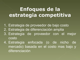 Enfoques de la estrategia competitiva Estrategia de proveedor de bajo costo Estrategia de diferenciación amplia Estrategia de proveedor con el mejor costo Estrategia enfocada (o de nicho de mercado) basada en el costo mas bajo y diferenciación   