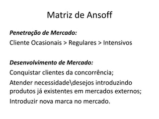 Matriz de Ansoff
Penetração de Mercado:
Cliente Ocasionais > Regulares > Intensivos
Desenvolvimento de Mercado:
Conquistar clientes da concorrência;
Atender necessidadedesejos introduzindo
produtos já existentes em mercados externos;
Introduzir nova marca no mercado.
 