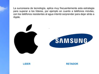 La surcoreana de tecnología, aplica muy frecuentemente esta estrategia
para superar a los líderes, por ejemplo en cuanto a teléfonos móviles,
con los teléfonos resistentes al agua intentó sorprender para dejar atrás a
Apple.
LIDER RETADOR
 