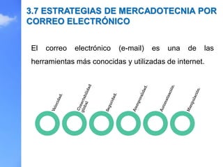 El correo electrónico (e-mail) es una de las
herramientas más conocidas y utilizadas de internet.
3.7 ESTRATEGIAS DE MERCADOTECNIA POR
CORREO ELECTRÓNICO
 