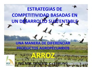 ESTRATEGIAS DE 
COMPETITIVIDAD BASADAS EN 
UN DESARROLLO SUSTENTABLE
UN DESARROLLO SUSTENTABLE



 UNA MANERA DE DIFERENCIAR 
 PRODUCTOS AGROPECUARIOS
 PRODUCTOS AGROPECUARIOS

         ARROZ
  ING.AGR. ERNESTO  C.  STIRLING
 