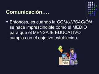 Comunicación…. <ul><li>Entonces, es cuando la  COMUNICACIÓN  se hace imprescindible como el MEDIO para que el MENSAJE EDUC...