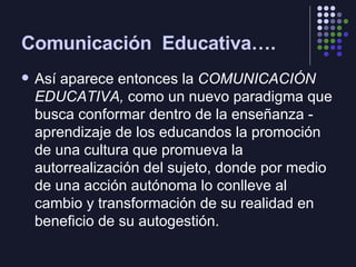 Comunicación  Educativa…. <ul><li>Así aparece entonces la  COMUNICACIÓN EDUCATIVA,  como un nuevo paradigma que busca conf...