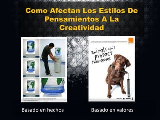 Como Afectan Los Estilos De
Pensamientos A La
Creatividad

Basado en hechos

Basado en valores

 