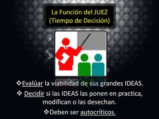 La Función del JUEZ
(Tiempo de Decisión)

Evalúar la viabilidad de sus grandes IDEAS.
 Decidir si las IDEAS las ponen en practica,
modifican o las desechan.
Deben ser autocríticos.

 