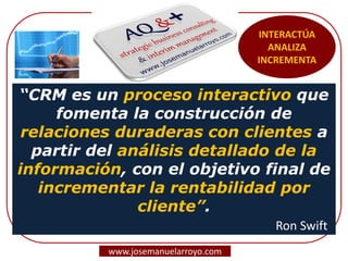 “CRM es un proceso interactivo que
fomenta la construcción de
relaciones duraderas con clientes a
partir del análisis detallado de la
información, con el objetivo final de
incrementar la rentabilidad por
cliente”.
Ron Swift
INTERACTÚA
ANALIZA
INCREMENTA
www.josemanuelarroyo.com
 