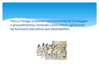 Pozo y Postigo proponen una taxonomía de estrategias
o procedimientos, teniendo como criterio aglutinador
las funciones educativas que desempeñan:
 