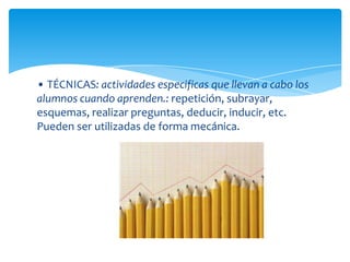 • TÉCNICAS: actividades especificas que llevan a cabo los
alumnos cuando aprenden.: repetición, subrayar,
esquemas, realizar preguntas, deducir, inducir, etc.
Pueden ser utilizadas de forma mecánica.
 