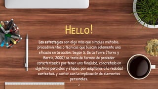Hello!
Las estrategias son algo más que simples métodos,
procedimientos o técnicas que buscan solamente una
eficacia en la acción. Según S. De la Torre (Torre y
Barrio, 2000) se trata de formas de proceder
caracterizadas por tener una finalidad, concretada en
objetivos parciales y etapas, por adaptarse a la realidad
contextual y contar con la implicación de elementos
personales.
2