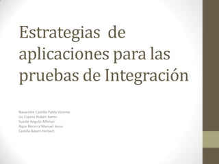 Estrategias de
aplicaciones para las
pruebas de Integración
Navarrete Castillo Pablo Vicente
Uu Espens Ruben Aaron
Suaste Angulo Alfonso
Aque Becerra Manuel Jesus
Castilla Balam Herbert
 