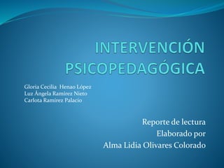 Reporte de lectura
Elaborado por
Alma Lidia Olivares Colorado
Gloria Cecilia Henao López
Luz Ángela Ramírez Nieto
Carlota Ramírez Palacio
 