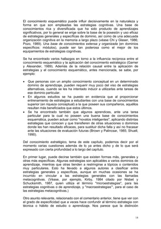 El conocimiento esquemático puede influir decisivamente en la naturaleza y
forma en que son empleadas las estrategias cognitivas. Una base de
conocimientos rica y diversificada que ha sido producto de aprendizajes
significativos, por lo general se erige sobre la base de la posesión y uso eficaz
de estrategias generales y específicas de dominio, así como de una adecuada
organización cognitiva en la memoria a largo plazo (véase Chi y Glaser, 1986;
Pozo, 1989). Una base de conocimientos extensa y organizada (en dominios
específicos: módulos), puede ser tan poderosa como el mejor de los
equipamientos de estrategias cognitivas.

Se ha encontrado varios hallazgos en torno a la influencia recíproca entre el
conocimiento esquemático y la aplicación del conocimiento estratégico (Garner
y Alexander, 1989). Además de la relación causal entre la aplicación de
estrategias y el conocimiento esquemático, antes mencionada, se sabe, por
ejemplo:

• Que personas con un amplio conocimiento conceptual en un determinado
  dominio de aprendizaje, pueden requerir muy poco del viso de estrategias
  alternativas, cuando se les ha intentado inducir a utilizarlas ante tareas de
  ese dominio particular.
• En algunos estudios se ha puesto en evidencia que al proporcionar
  entrenamiento de estrategias a estudiantes con una base de conocimientos
  superior (en riqueza conceptual) a la que poseen sus compañeros, aquéllos
  resultan más beneficiados que estos últimos.
• Se ha encontrado también que algunos aprendices, ante una tarea
  particular para la cual no poseen una buena base de conocimientos
  esquemática, pueden actuar como "novatos inteligentes", aplicando distintas
  estrategias que conocen y que transfieren de otras situaciones o dominios
  donde les han resultado eficaces, para sustituir dicha falla y así no fracasar
  ante las situaciones de evaluación futuras (Brown y Palincsar, 1985; Shuell,
  1990).

Del conocimiento estratégico, tema de este capítulo, podernos decir por el
momento varias cuestiones además de lo ya antes dicho y de lo que será
expresado con cierta profundidad a lo largo del capítulo.

En primer lugar, puede decirse también que existen formas más, generales y
otras más específicas. Algunas estrategias son aplicables a varios dominios de
aprendizaje, mientras que otras tienden a restringirse a tópicos o contenidos
muy particulares. Esto ha llevado a algunos autores a clasificar entre
estrategias generales y específicas, aunque en muchas ocasiones se ha
incurrido en vincular a las estrategias generales con las llamadas
metacognitivas. (Véase, por ejemplo, Kirby, 1984 citado por Nisbet y
Schucksmith, 1987, quien utiliza el término "microestrategias", para las
estrategias cognitivas o de aprendizaje, y "macroestrategias'°, para el caso de
las estrategias metacognitivas.)

Otro asunto relevante, relacionado con el comentario anterior, tiene que ver con
el grado de especificidad que a veces hace confundir al término estrategia con
técnica o hábito de estudio o aprendizaje. Nos parece que la distinción


                                                                               14
 