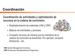 Coordinación
Coordinación de actividades y optimización de
recursos en la cadena de suministro
 Reabastecimiento de materiales (VMI y CRP)
 Balance de actividades y procesos
 Compartir recursos de manera que los miembros de la
cadena de suministro se beneficien. Por ejemplo, compartir
almacenes…etc.
VMI Vendor Management Inventory
CRP Continuous Remplenishment Programme
 