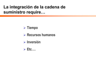 La integración de la cadena de
suministro require…
 Tiempo
 Recursos humanos
 Inversión
 Etc….
 