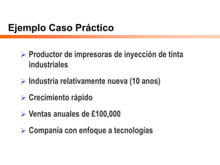 Ejemplo Caso Práctico
 Productor de impresoras de inyección de tinta
industriales
 Industria relativamente nueva (10 anos)
 Crecimiento rápido
 Ventas anuales de £100,000
 Companía con enfoque a tecnologías
 