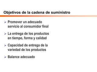 Objetivos de la cadena de suministro
 Promover un adecuado
servicio al consumidor final
 La entrega de los productos
en tiempo, forma y calidad
 Capacidad de entrega de la
variedad de los productos
 Balance adecuado
 