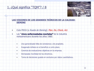 1. ¿Qué significa “TQM”? / 8 LAS VISIONES DE LOS GRANDES TEÓRICOS DE LA CALIDAD: DEMING Ciclo PDCA (o  Rueda de Deming ):  Plan, Do, Check, Act. Las  “ cinco enfermedades mortales”  de la industria norteamericana durante los años 1980: Una generalizada falta de constancia y de propósito. Exagerado énfasis en el beneficio a corto plazo. Carencia de evaluaciones objetivas en la empresa. Demasiada movilidad de los directivos. Toma de decisiones guiada en exclusiva por datos cuantitativos. 