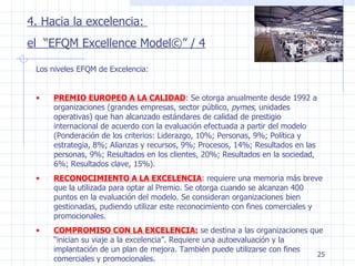 4. Hacia la excelencia:  el  “EFQM Excellence Model©” / 4 Los niveles EFQM de Excelencia: PREMIO EUROPEO A LA CALIDAD : Se otorga anualmente desde 1992 a organizaciones (grandes empresas, sector público,  pymes , unidades operativas) que han alcanzado estándares de calidad de prestigio internacional de acuerdo con la evaluación efectuada a partir del modelo (Ponderación de los criterios: Liderazgo, 10%; Personas, 9%; Política y estrategia, 8%; Alianzas y recursos, 9%; Procesos, 14%; Resultados en las personas, 9%; Resultados en los clientes, 20%; Resultados en la sociedad, 6%; Resultados clave, 15%). RECONOCIMIENTO A LA EXCELENCIA :  requiere una memoria más breve que la utilizada para optar al Premio. Se otorga cuando se alcanzan 400 puntos en la evaluación del modelo. Se consideran organizaciones bien gestionadas, pudiendo utilizar este reconocimiento con fines comerciales y promocionales. COMPROMISO CON LA EXCELENCIA:  se destina a las organizaciones que “inician su viaje a la excelencia”. Requiere una autoevaluación y la implantación de un plan de mejora. También puede utilizarse con fines comerciales y promocionales. 