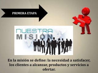 PRIMERA ETAPA




En la misión se define: la necesidad a satisfacer,
 los clientes a alcanzar, productos y servicios a
                     ofertar.
 
